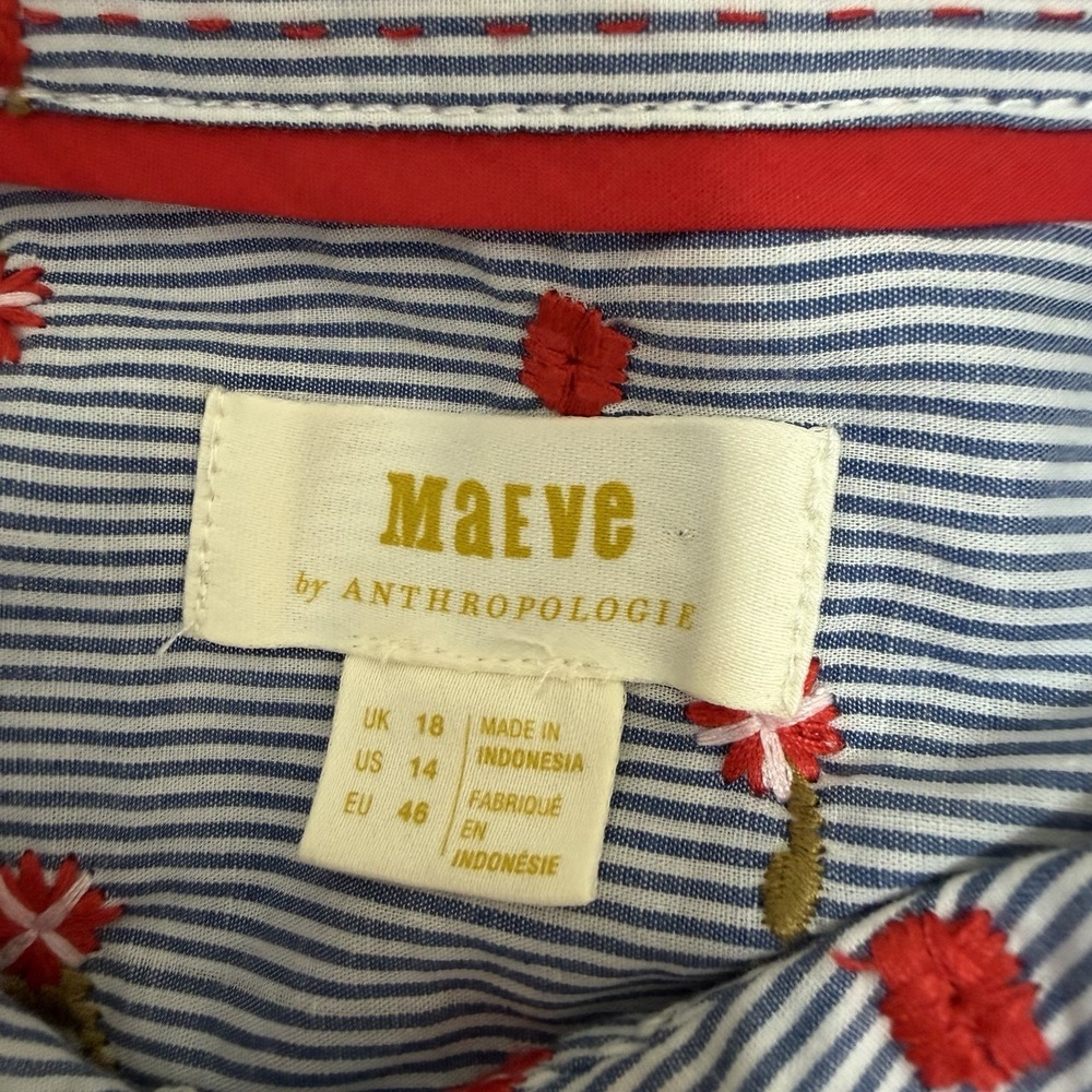 Anthropologie Maeve Embroidered Floral Stripe Button Up Shirt Size 14 Blue White - Picture 7 of 9